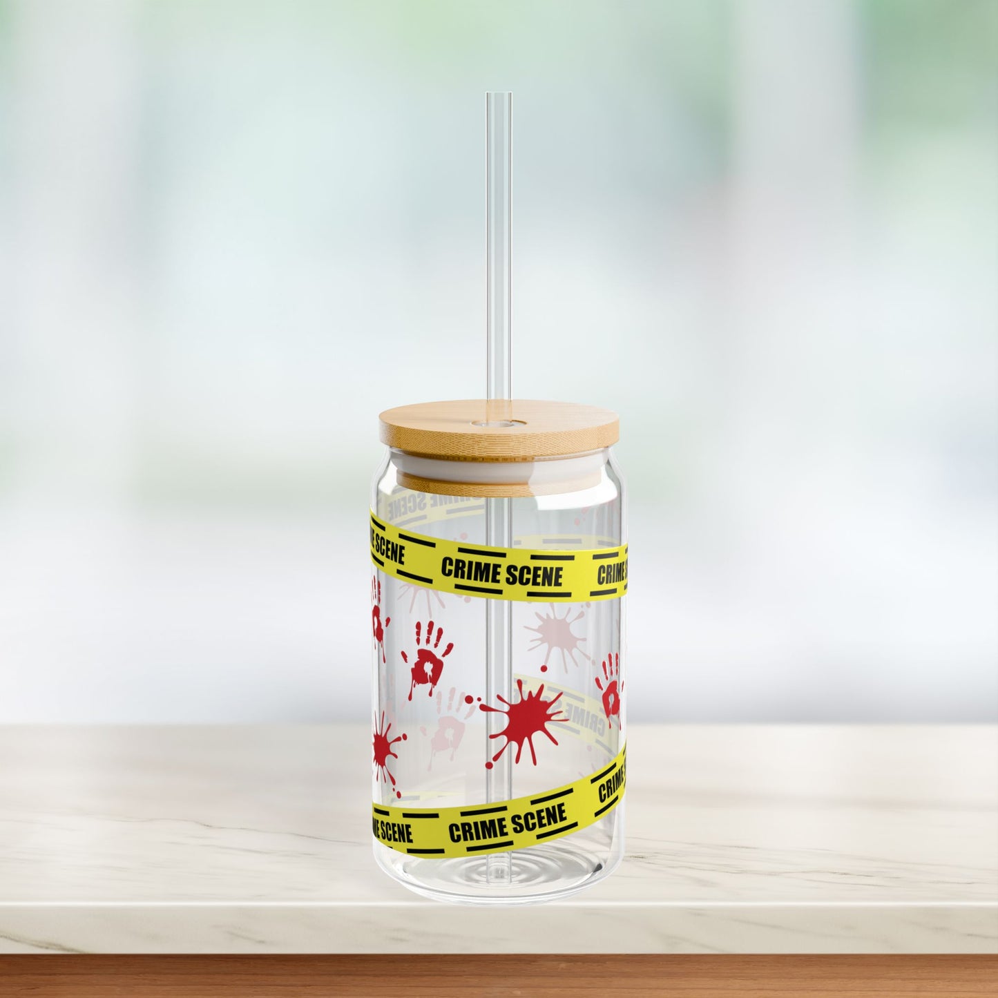 Crime Scene Sipper Glass Can with Straw and Lid