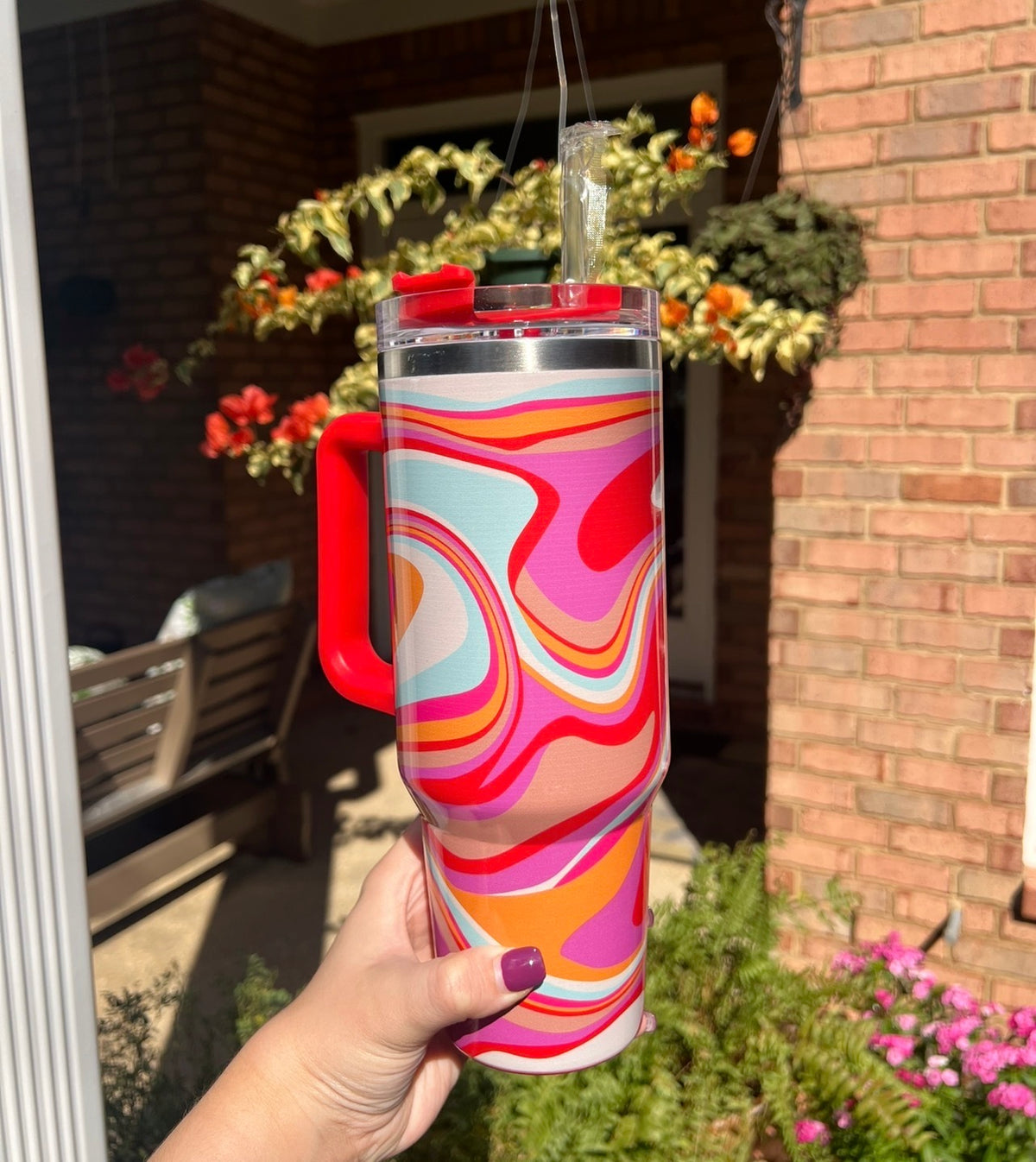 Katydid Large 40 oz Insulated Tumbler Mug w/ Handle Straw Groovy Swirls
