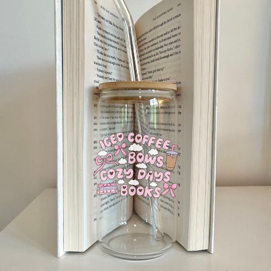 Iced Coffee, Bows, Cozy Days & Books Glass Can 16 oz with lid & straw