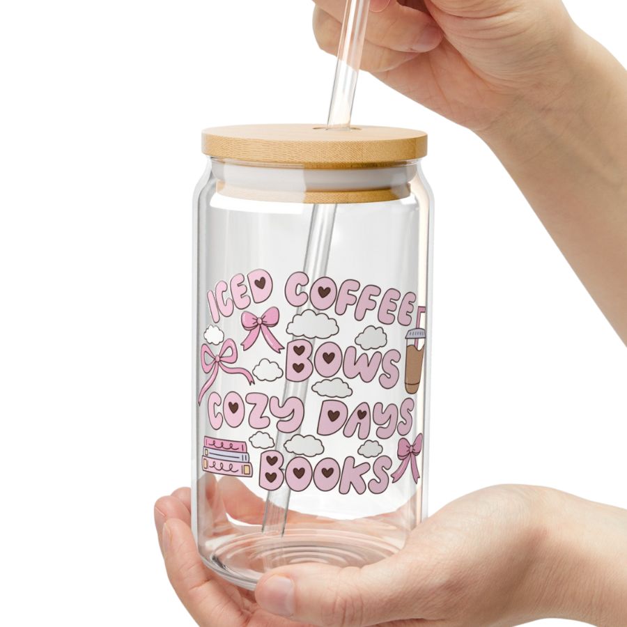 Iced Coffee, Bows, Cozy Days & Books Glass Can 16 oz with lid & straw