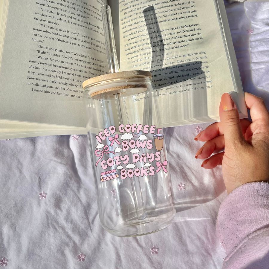 Iced Coffee, Bows, Cozy Days & Books Glass Can 16 oz with lid & straw