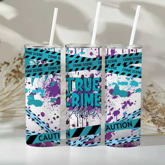 True Crime Addict Tumbler – Blue & Purple Splatter Design