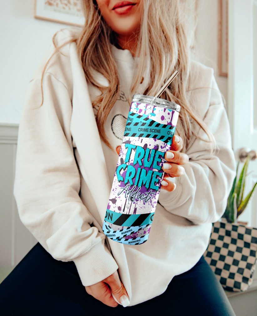 True Crime Addict Tumbler – Blue & Purple Splatter Design