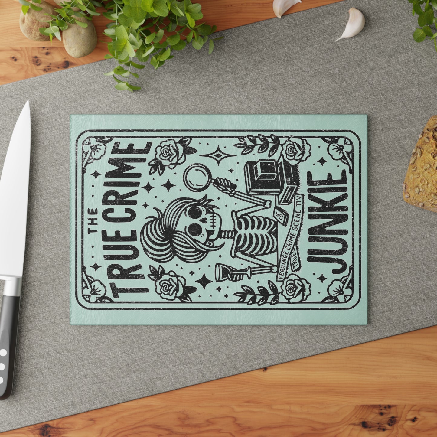 The True Crime Junkie Tarot Card Glass Cutting Board