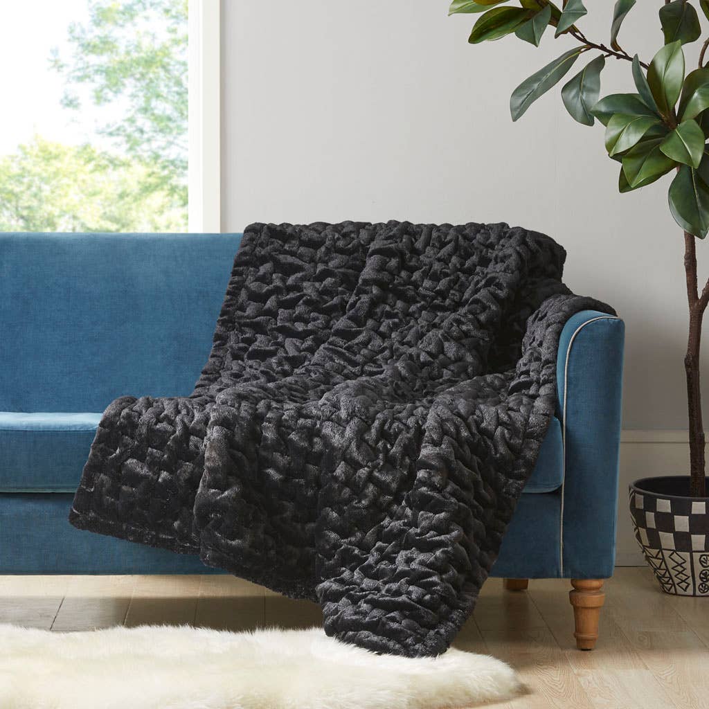 Soft Warm Black Ruched Throw Blanket - 50" x 60"