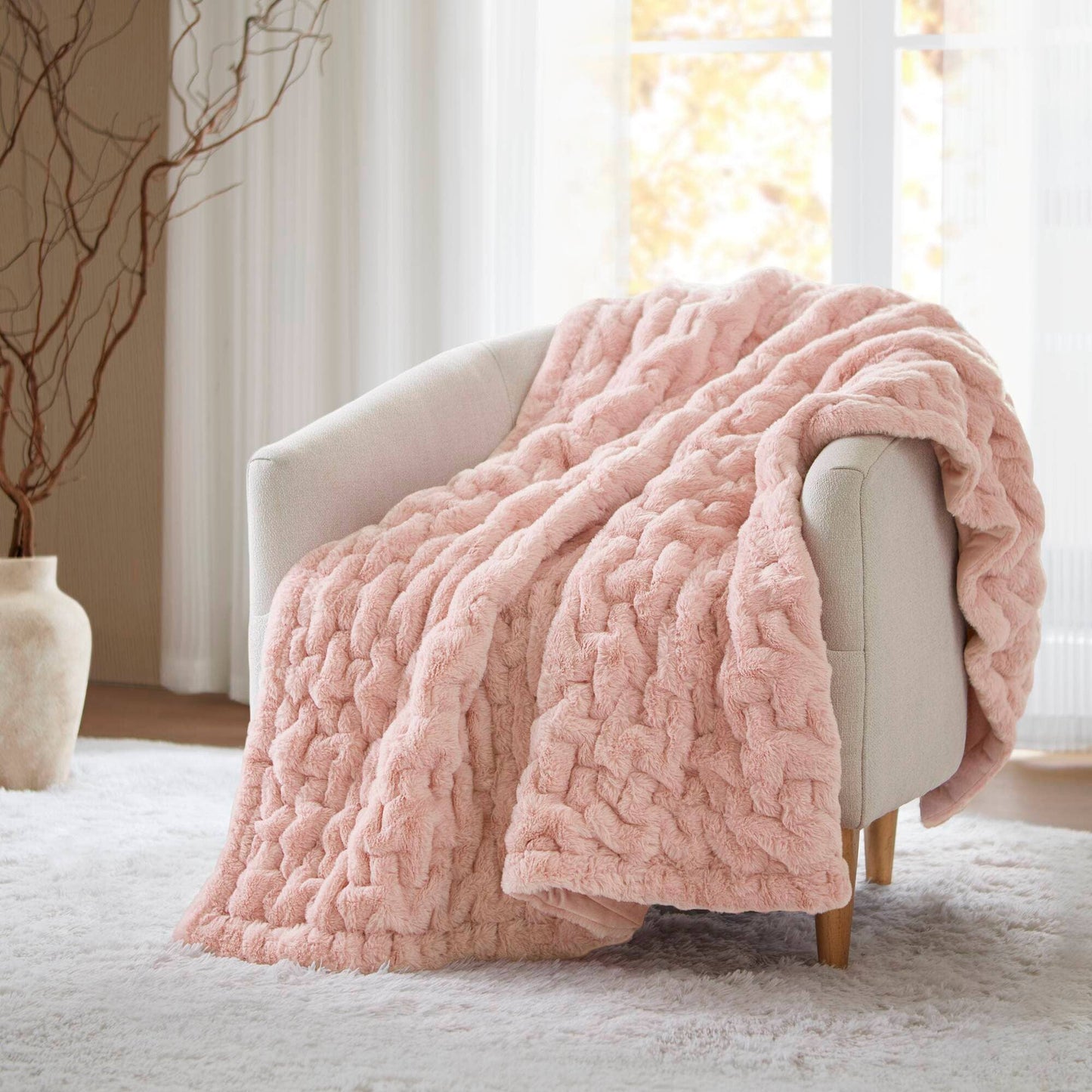 Soft Warm Blush Pink Ruched Throw Blanket - 50" x 60"