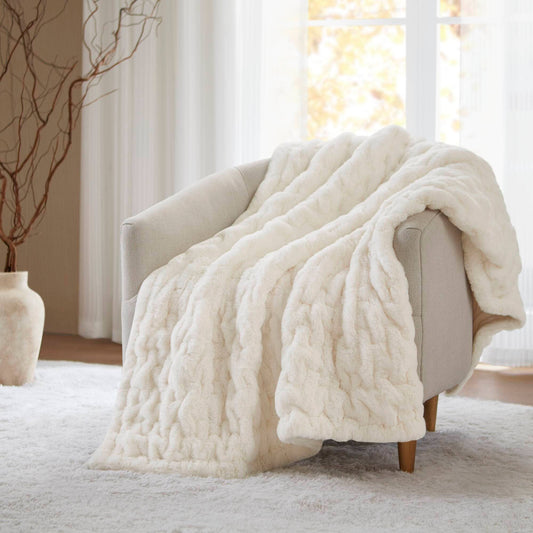 Soft Warm Cream Ruched Throw Blanket - 50" x 60"