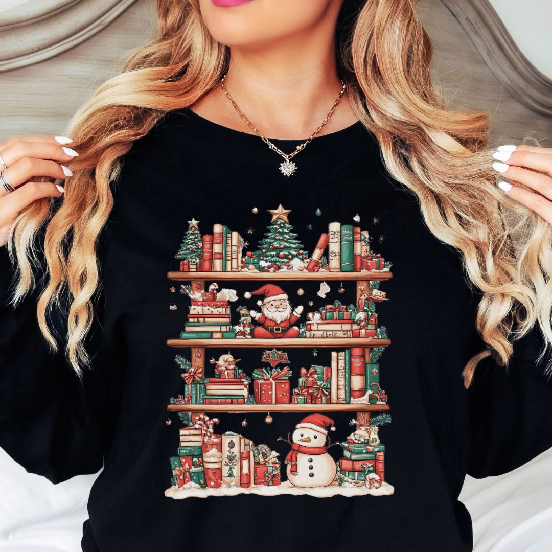 Christmas Bookshelf Holiday Long Sleeve Tee