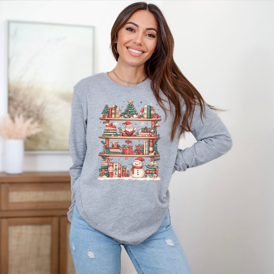 Christmas Bookshelf Holiday Long Sleeve Tee