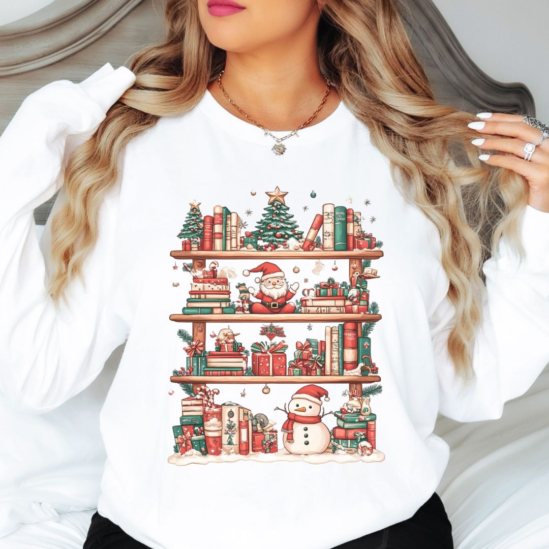 Christmas Bookshelf Holiday Long Sleeve Tee