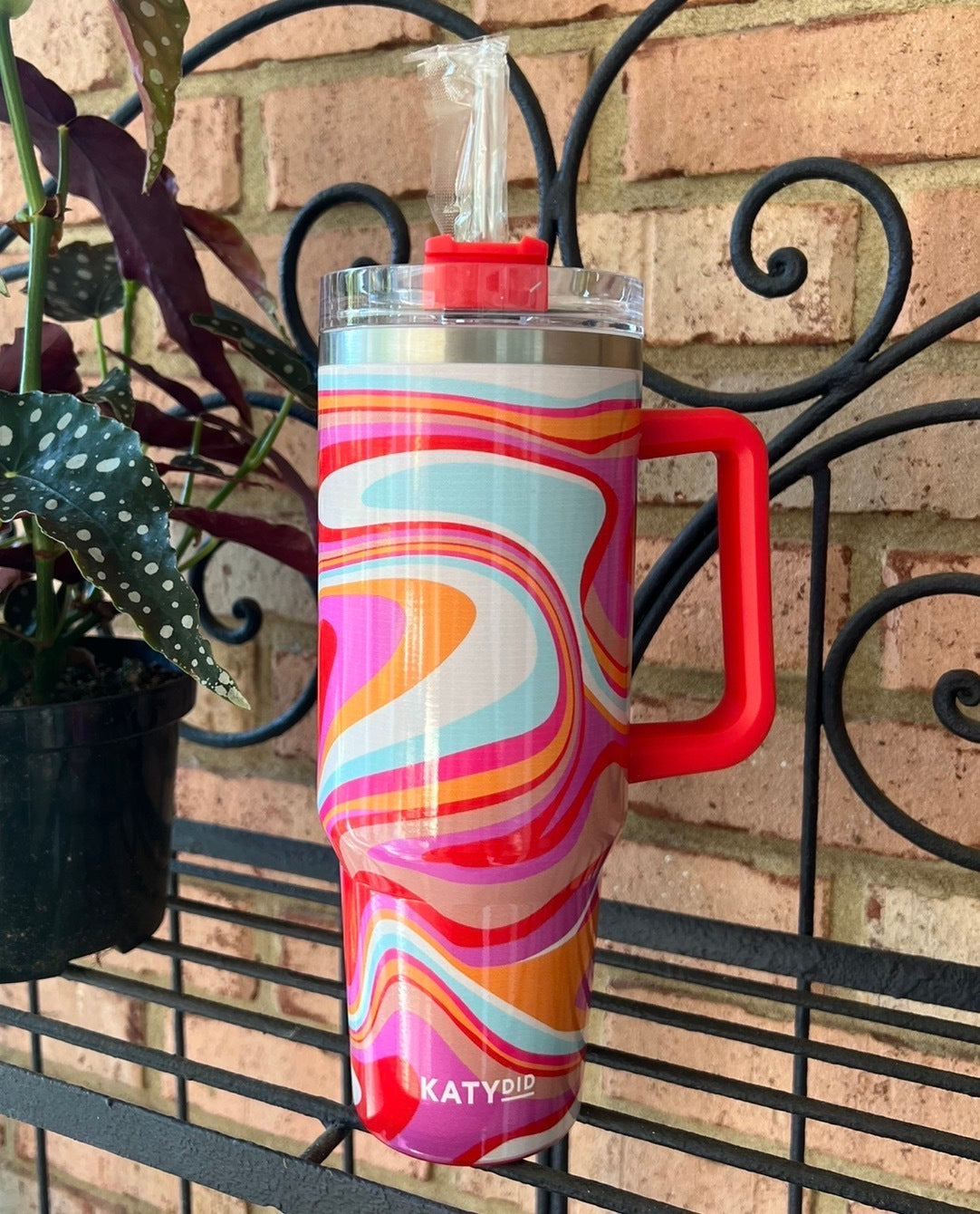 Katydid Large 40 oz Insulated Tumbler Mug w/ Handle Straw Groovy Swirls