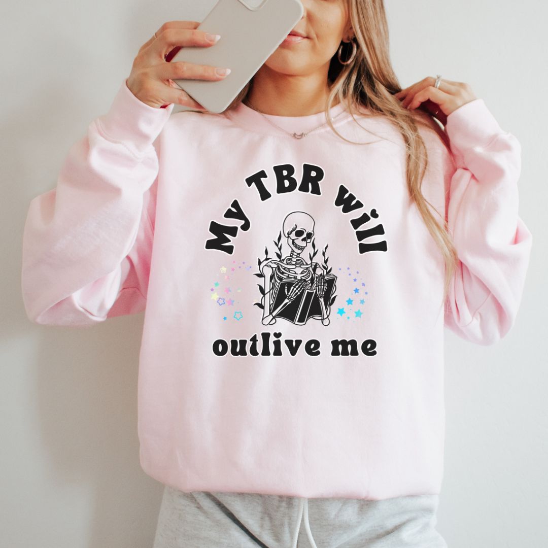 "My TBR will Outlive Me" Skeleton Reader Crewneck Sweatshirt