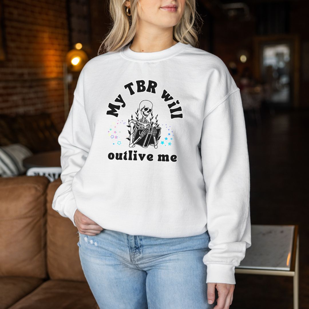 "My TBR will Outlive Me" Skeleton Reader Crewneck Sweatshirt