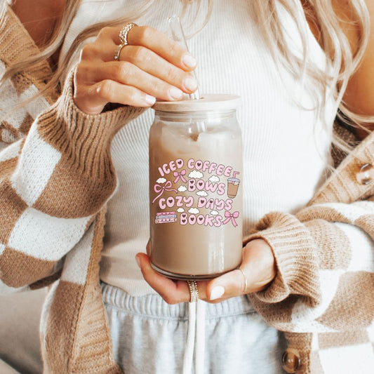 Iced Coffee, Bows, Cozy Days & Books Glass Can 16 oz with lid & straw