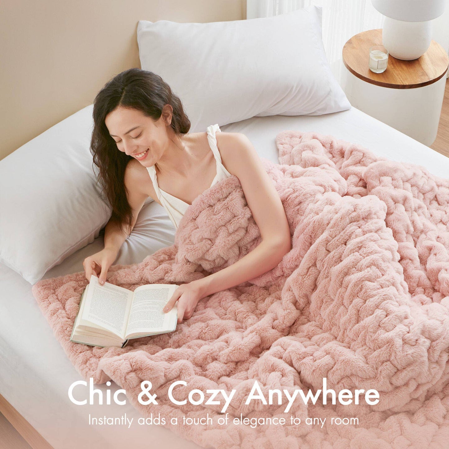 Soft Warm Blush Pink Ruched Throw Blanket - 50" x 60"
